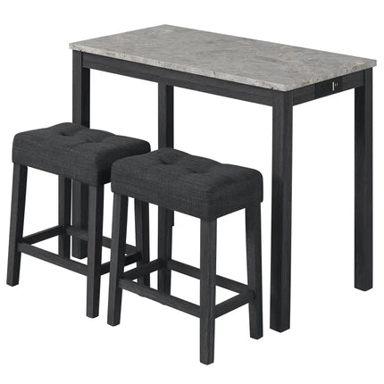 3-Piece Bar Table Set with Charging Station and Faux Marble Top-Gray Costway
