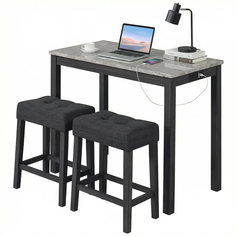 3-Piece Bar Table Set with Charging Station and Faux Marble Top-Gray - Gray - Dining Room Sets