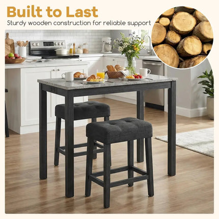 3-Piece Bar Table Set with Charging Station and Faux Marble Top-Gray Costway