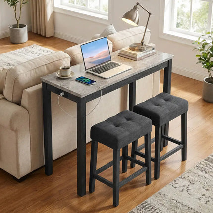3-Piece Bar Table Set with Charging Station and Faux Marble Top-Gray Costway