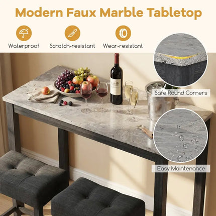 3-Piece Bar Table Set with Charging Station and Faux Marble Top-Gray Costway