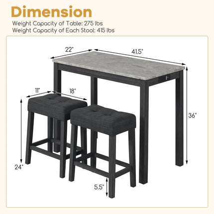 3-Piece Bar Table Set with Charging Station and Faux Marble Top-Gray Costway