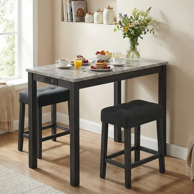 3-Piece Bar Table Set with Charging Station and Faux Marble Top-Gray Costway
