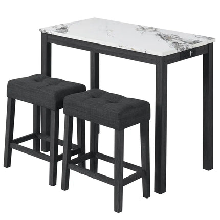 3-Piece Bar Table Set with Charging Station and Faux Marble Top-White Costway