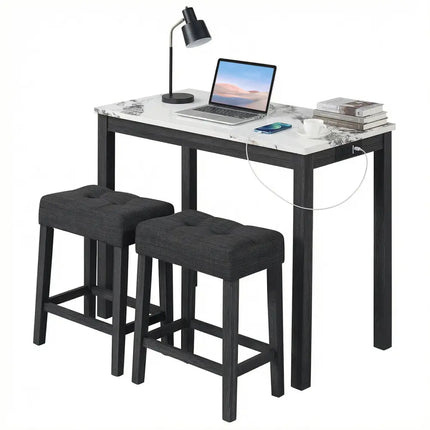 3-Piece Bar Table Set with Charging Station and Faux Marble Top-White Costway