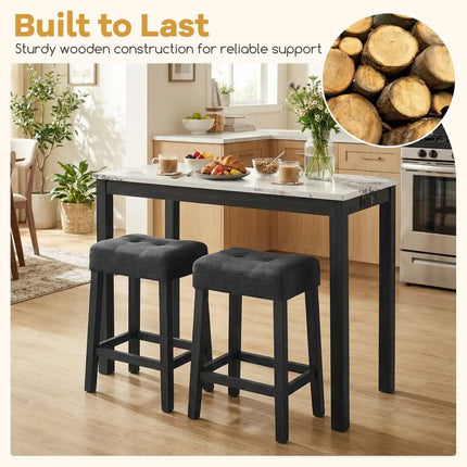 3-Piece Bar Table Set with Charging Station and Faux Marble Top-White Costway