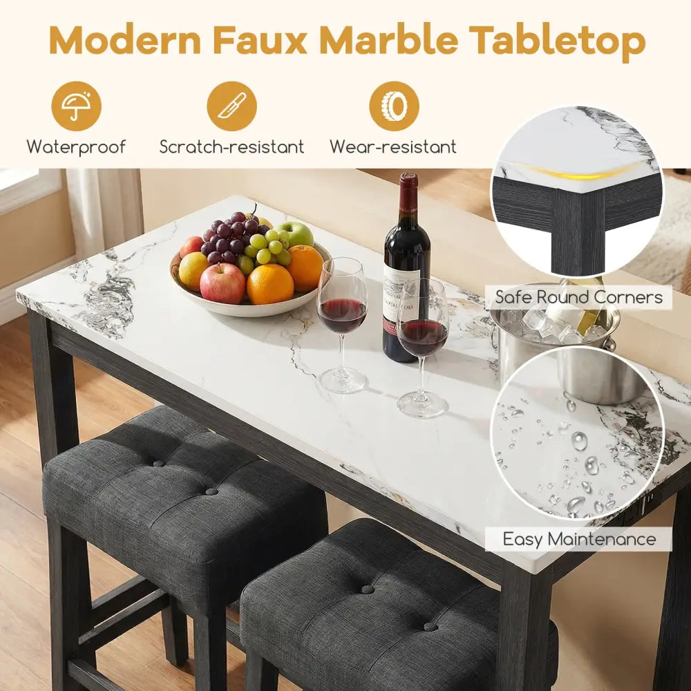 3-Piece Bar Table Set with Charging Station and Faux Marble Top-White - White - Dining Room Sets