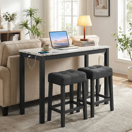 3-Piece Bar Table Set with Charging Station and Faux Marble Top-White Costway