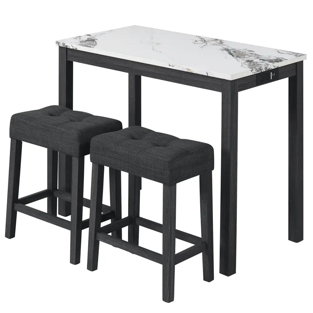 3-Piece Bar Table Set with Charging Station and Faux Marble Top-White - White - Dining Room Sets