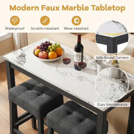 3-Piece Bar Table Set with Charging Station and Faux Marble Top-White Costway