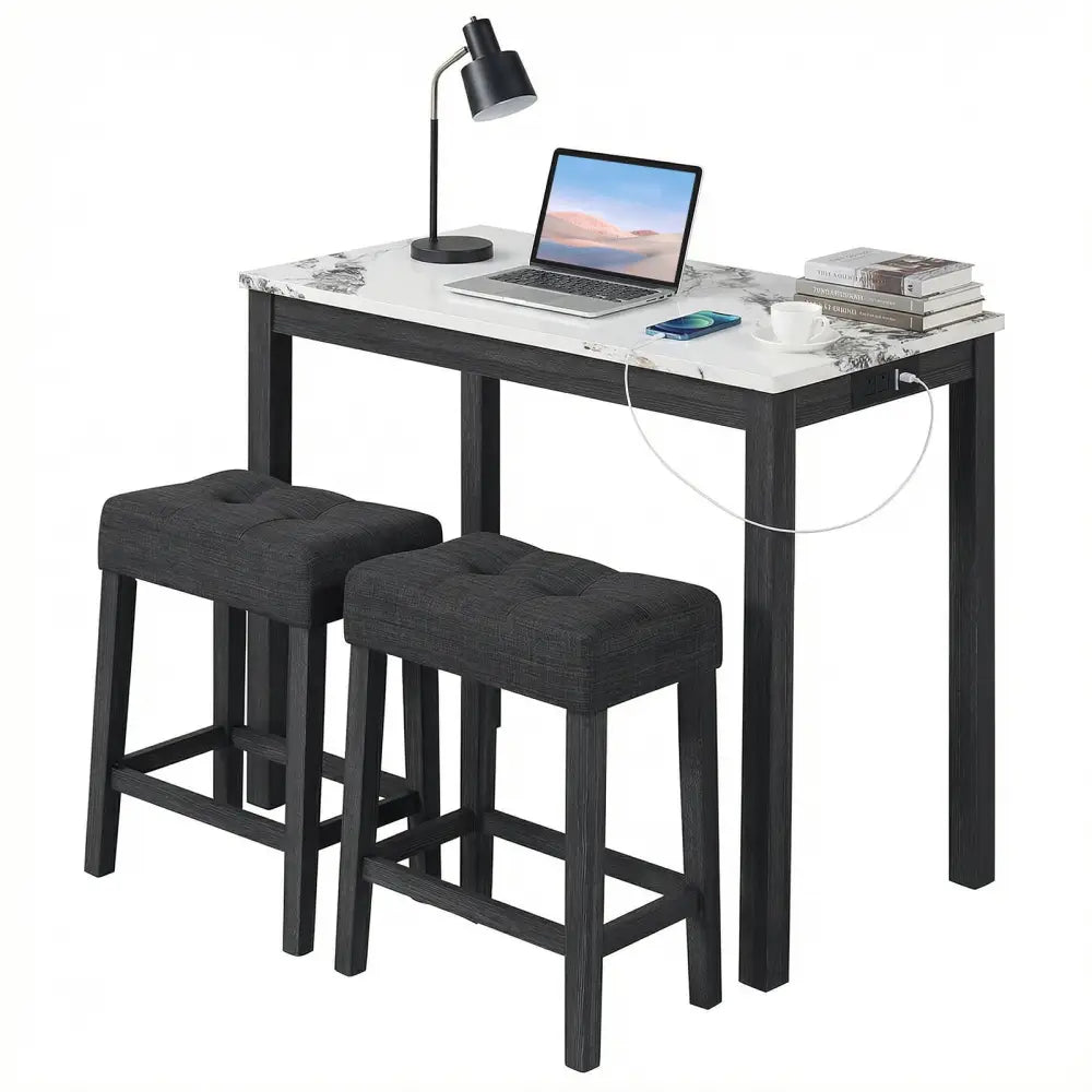 3-Piece Bar Table Set with Charging Station and Faux Marble Top-White - White - Dining Room Sets