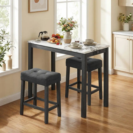 3-Piece Bar Table Set with Charging Station and Faux Marble Top-White Costway