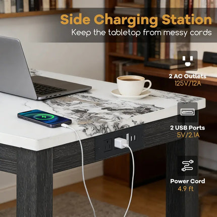 3-Piece Bar Table Set with Charging Station and Faux Marble Top-White Costway