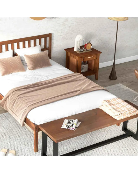 3-Piece Bedroom Bundle: Twin/Full/Queen Size Wood Bed Frame + Dining Bench 2/3 Person Entryway Shoe Bench + Rattan