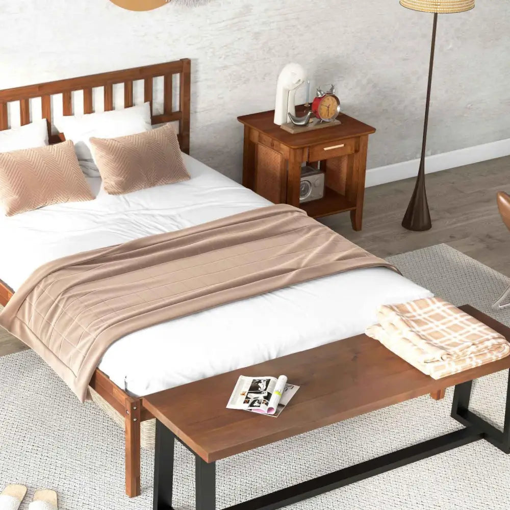3-Piece Bedroom Bundle: Twin/Full/Queen Size Wood Bed Frame + Dining Bench 2/3 Person Entryway Shoe Bench + Rattan