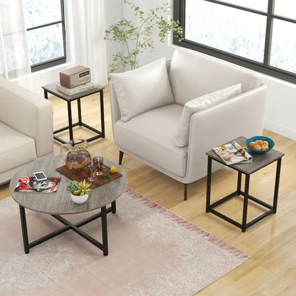 3-Piece Coffee Table Set Round Coffee Table and 2PCS Square End Tables-Gray Costway