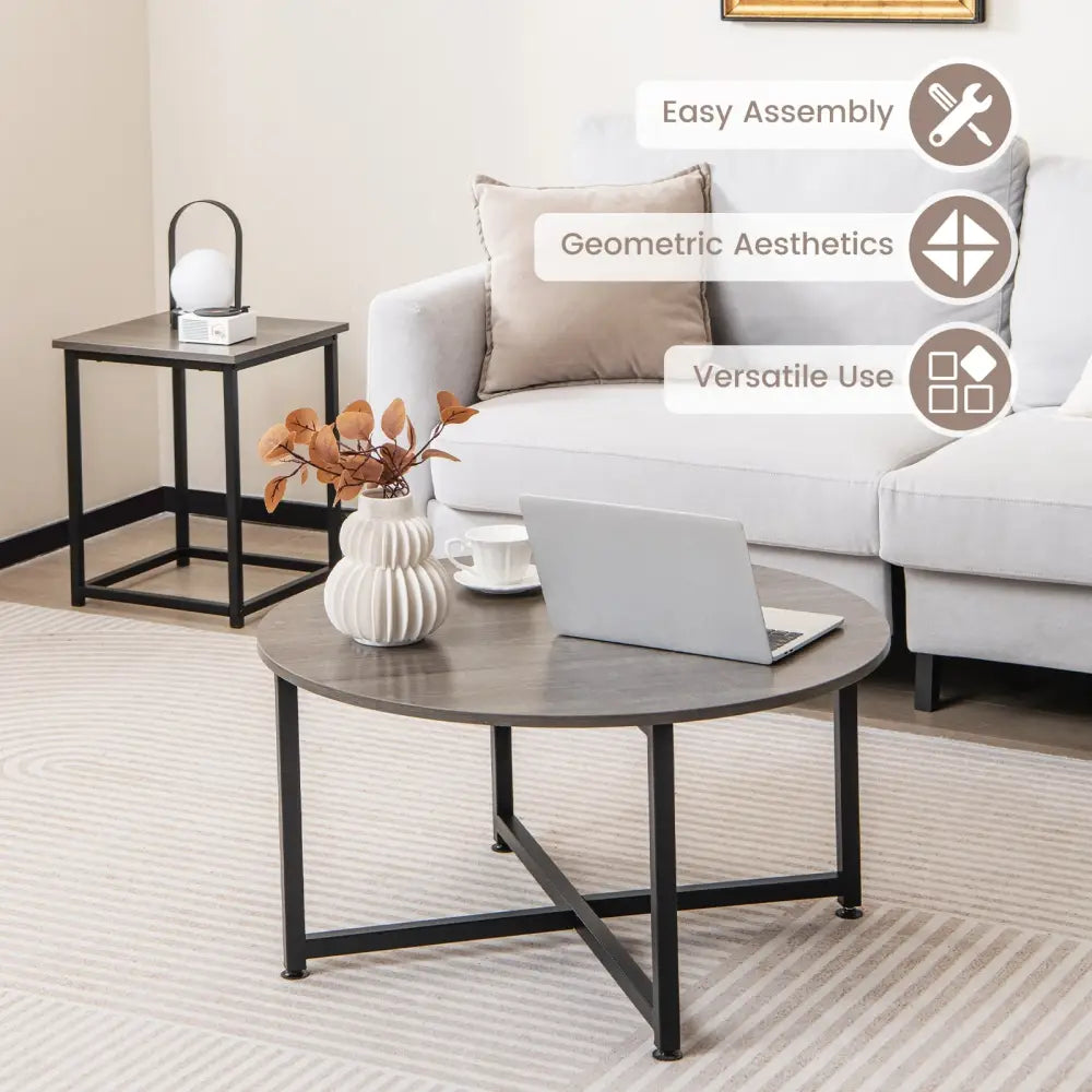 3-Piece Coffee Table Set Round Coffee Table and 2PCS Square End Tables-Gray - Gray - Coffee Tables