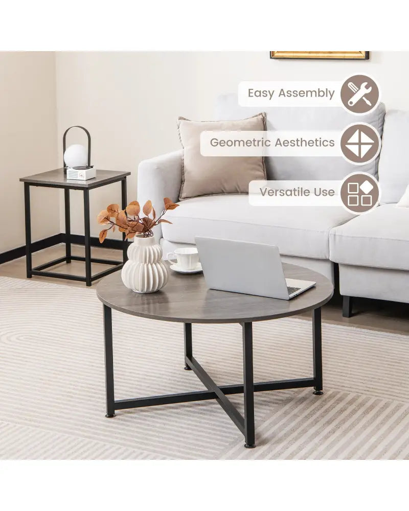 3-Piece Coffee Table Set Round Coffee Table and 2PCS Square End Tables-Gray - Gray - Coffee Tables