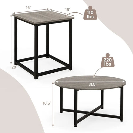 3-Piece Coffee Table Set Round Coffee Table and 2PCS Square End Tables-Gray Costway