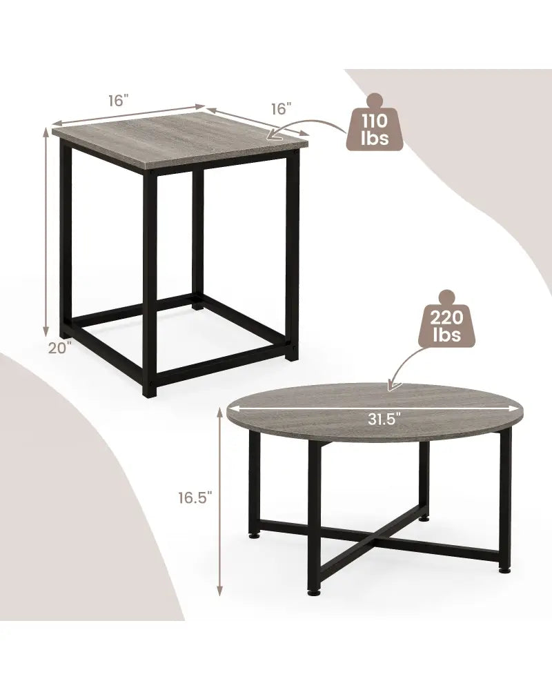 3-Piece Coffee Table Set Round Coffee Table and 2PCS Square End Tables-Gray - Gray - Coffee Tables