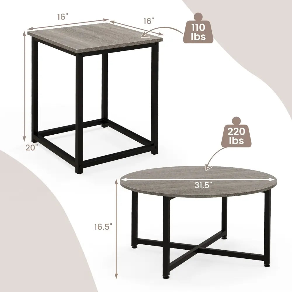 3-Piece Coffee Table Set Round Coffee Table and 2PCS Square End Tables-Gray - Gray - Coffee Tables
