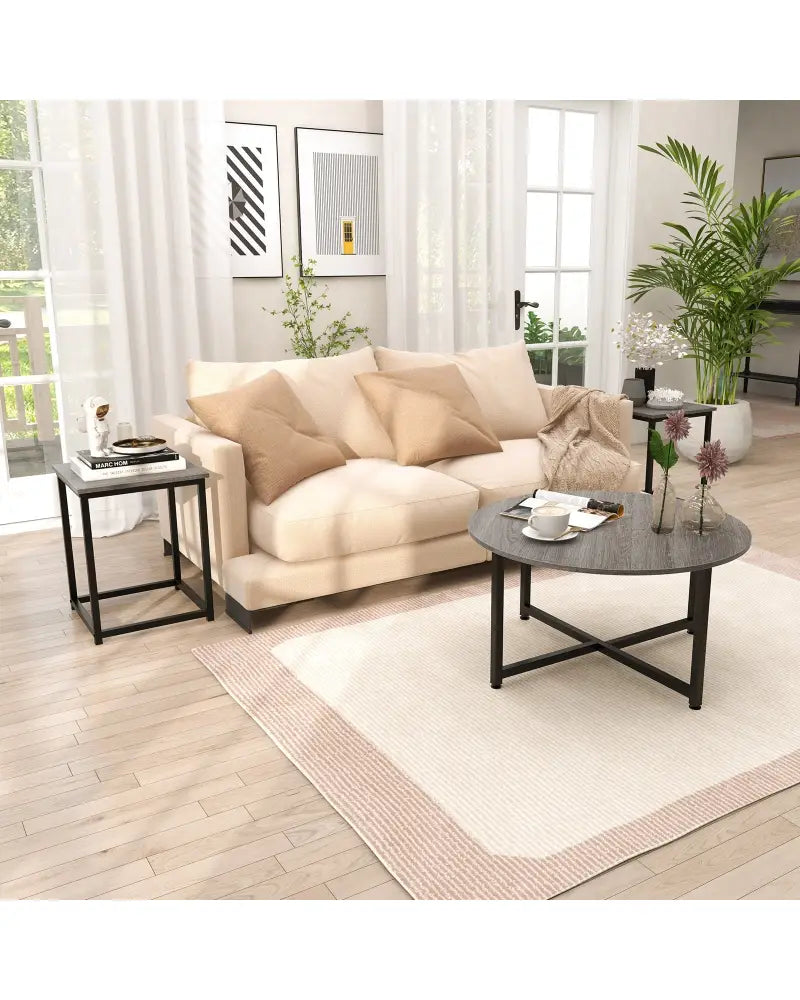 3-Piece Coffee Table Set Round Coffee Table and 2PCS Square End Tables-Gray - Gray - Coffee Tables