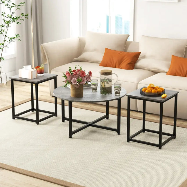 3-Piece Coffee Table Set Round Coffee Table and 2PCS Square End Tables-Gray Costway