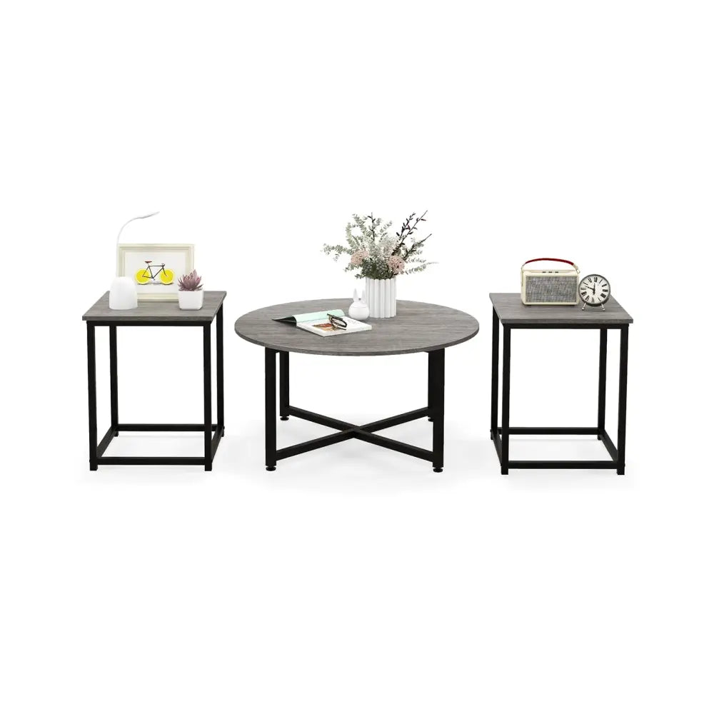 3-Piece Coffee Table Set Round Coffee Table and 2PCS Square End Tables-Gray - Gray - Coffee Tables
