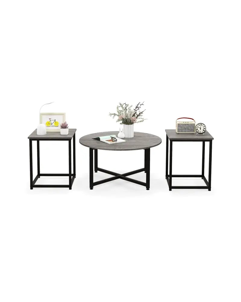 3-Piece Coffee Table Set Round Coffee Table and 2PCS Square End Tables-Gray - Gray - Coffee Tables