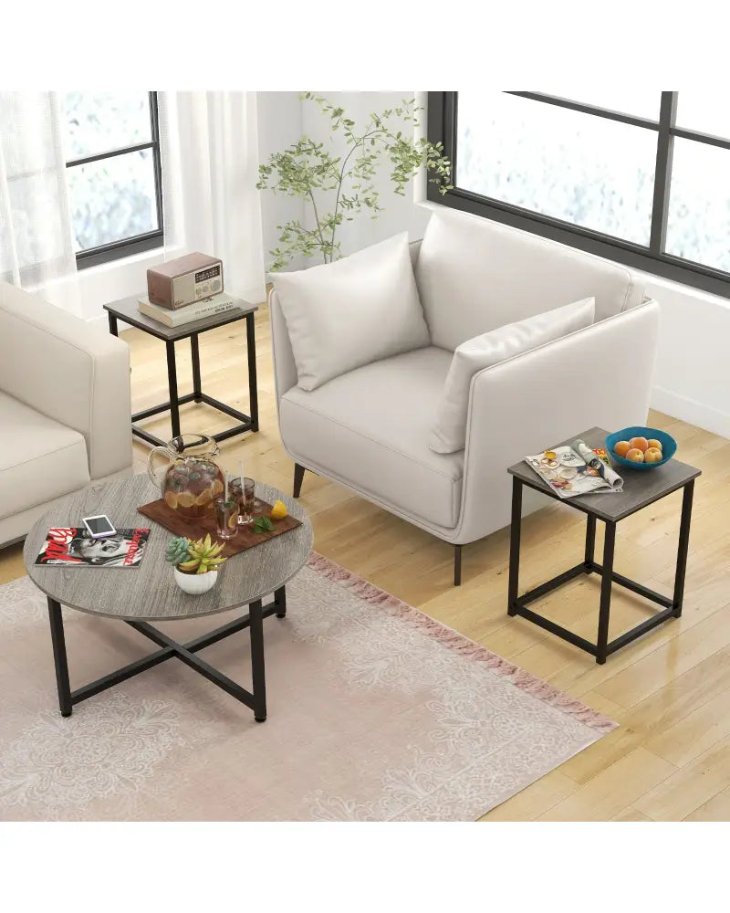 3-Piece Coffee Table Set Round Coffee Table and 2PCS Square End Tables-Gray - Gray - Coffee Tables