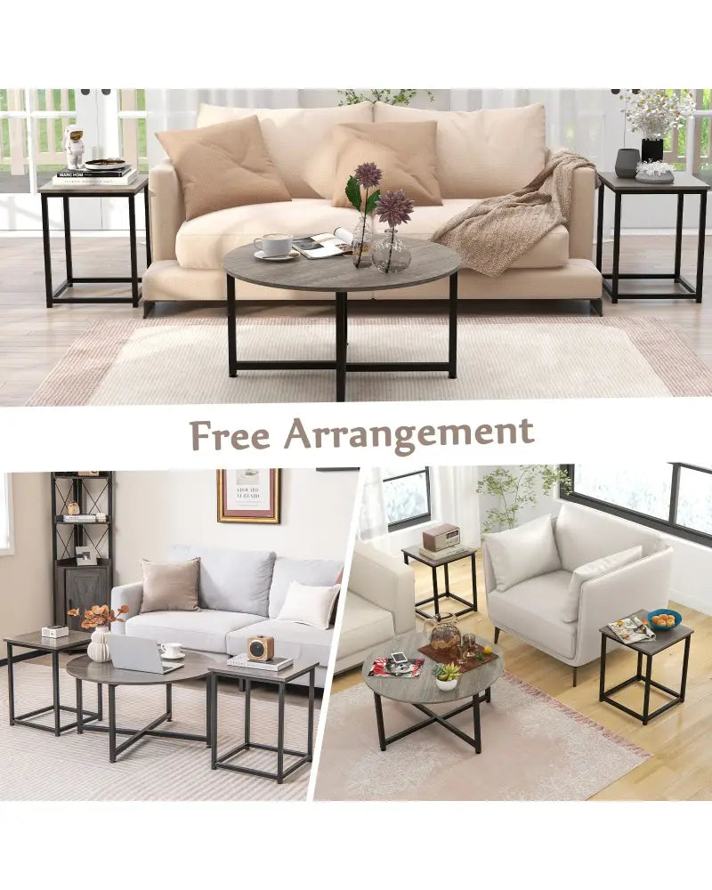 3-Piece Coffee Table Set Round Coffee Table and 2PCS Square End Tables-Gray - Gray - Coffee Tables