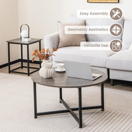 3-Piece Coffee Table Set Round Coffee Table and 2PCS Square End Tables-Gray Costway