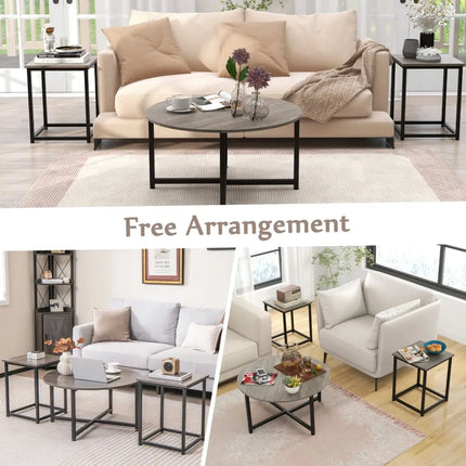 3-Piece Coffee Table Set Round Coffee Table and 2PCS Square End Tables-Gray Costway