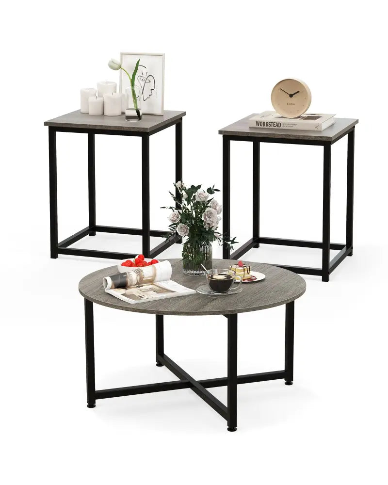 3-Piece Coffee Table Set Round Coffee Table and 2PCS Square End Tables-Gray - Gray - Coffee Tables
