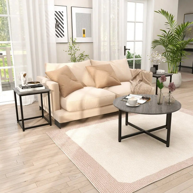 3-Piece Coffee Table Set Round Coffee Table and 2PCS Square End Tables-Gray Costway