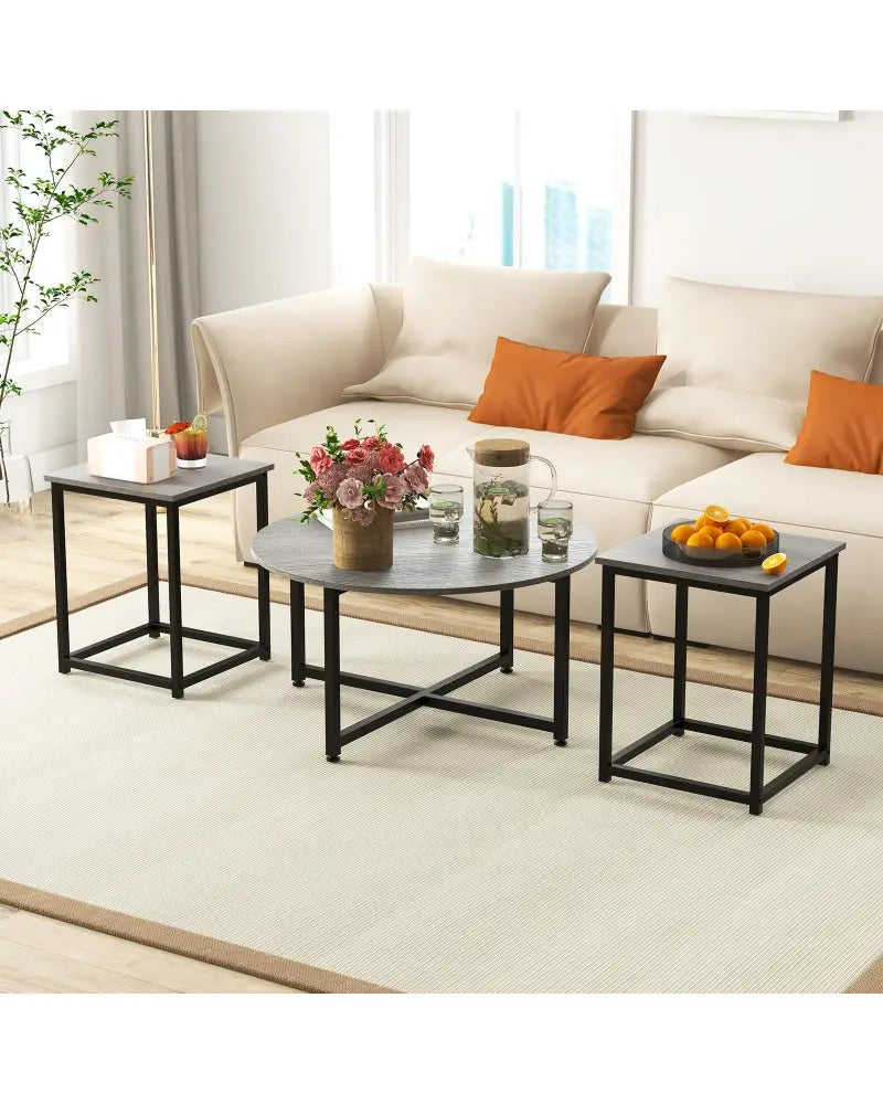 3-Piece Coffee Table Set Round Coffee Table and 2PCS Square End Tables-Gray - Gray - Coffee Tables