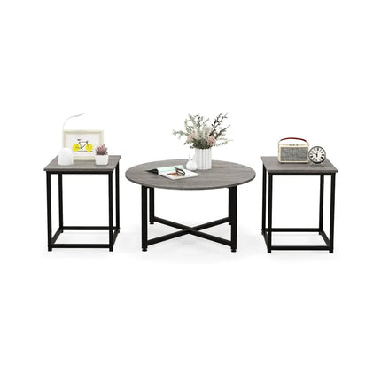3-Piece Coffee Table Set Round Coffee Table and 2PCS Square End Tables-Gray Costway