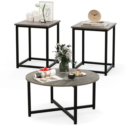 3-Piece Coffee Table Set Round Coffee Table and 2PCS Square End Tables-Gray Costway