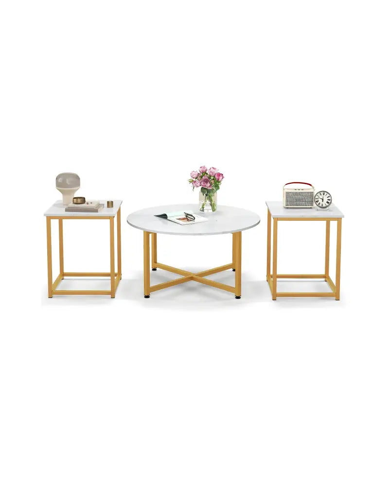 3-Piece Coffee Table Set Round Coffee Table and 2PCS Square End Tables-White and Gold - White - Coffee Tables