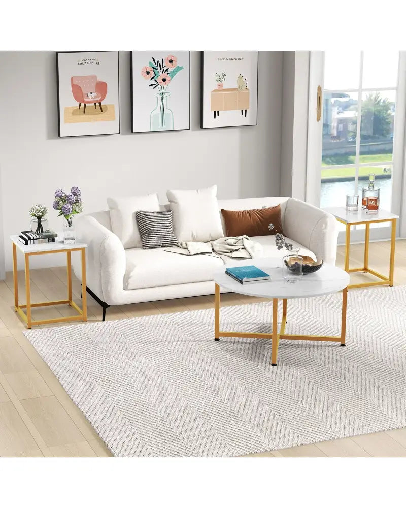 3-Piece Coffee Table Set Round Coffee Table and 2PCS Square End Tables-White and Gold - White - Coffee Tables