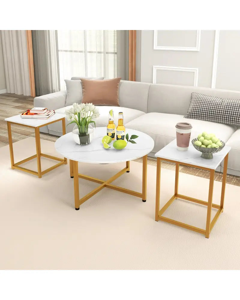 3-Piece Coffee Table Set Round Coffee Table and 2PCS Square End Tables-White and Gold - White - Coffee Tables
