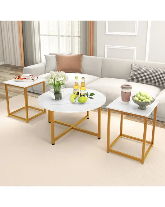 3-Piece Coffee Table Set Round Coffee Table and 2PCS Square End Tables-White and Gold - White - Coffee Tables