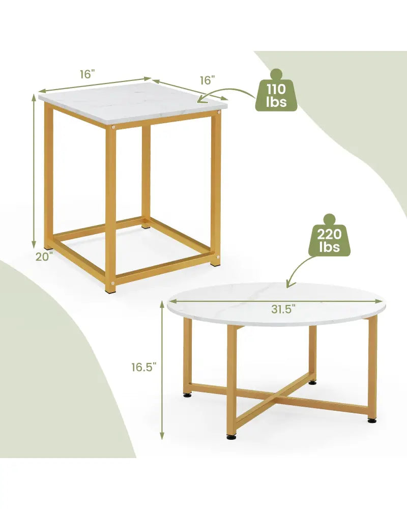 3-Piece Coffee Table Set Round Coffee Table and 2PCS Square End Tables-White and Gold - White - Coffee Tables