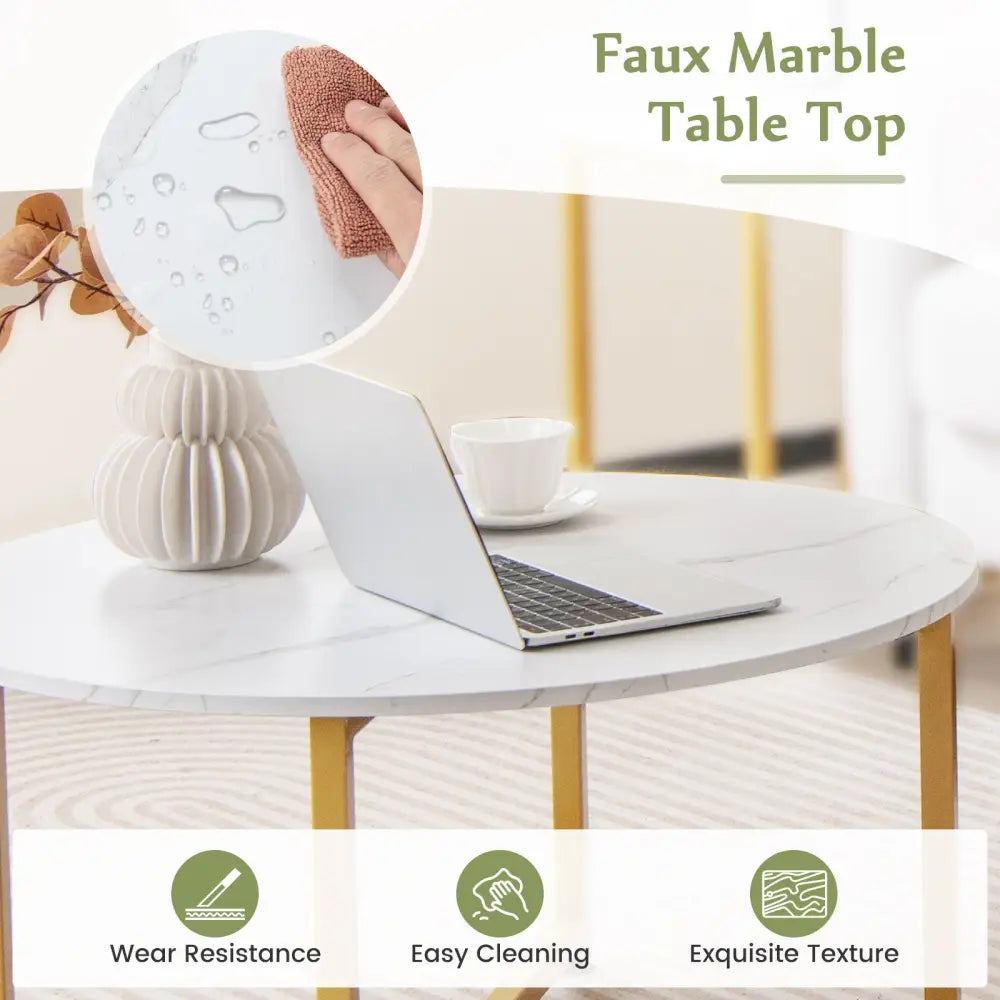 3-Piece Coffee Table Set Round Coffee Table and 2PCS Square End Tables-White and Gold - White - Coffee Tables