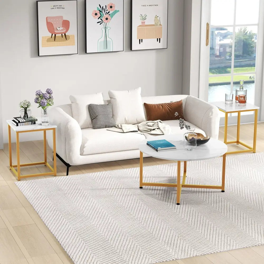 3-Piece Coffee Table Set Round Coffee Table and 2PCS Square End Tables-White and Gold - White - Coffee Tables