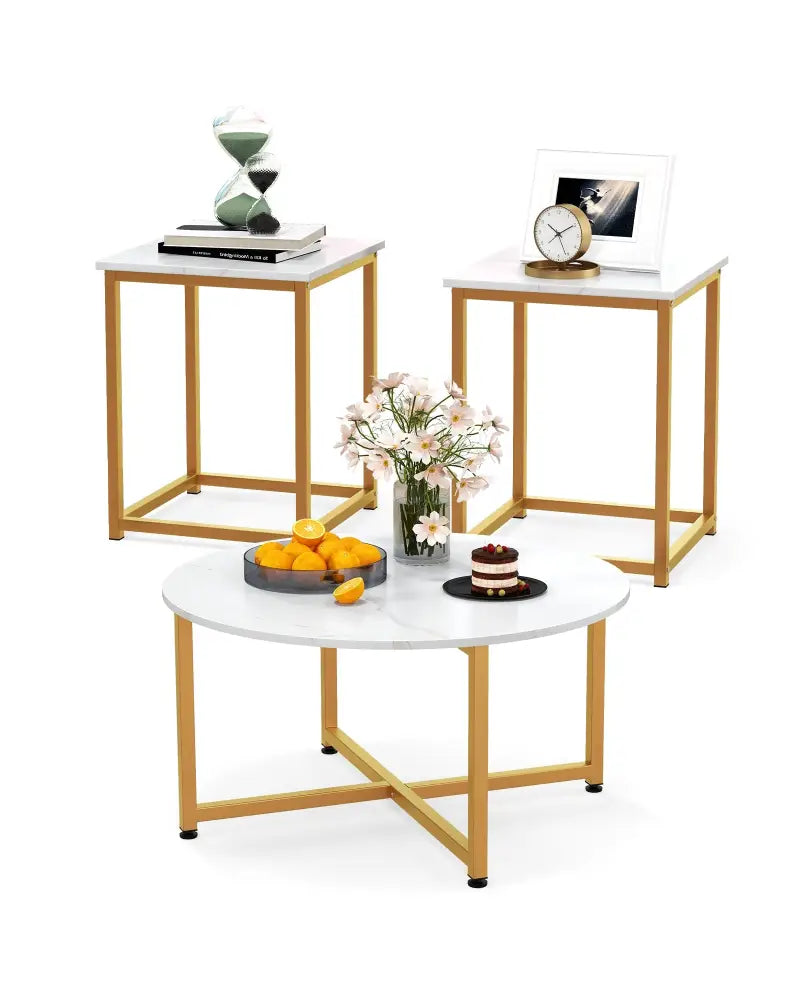 3-Piece Coffee Table Set Round Coffee Table and 2PCS Square End Tables-White and Gold - White - Coffee Tables