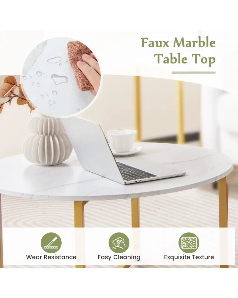 3-Piece Coffee Table Set Round Coffee Table and 2PCS Square End Tables-White and Gold - White - Coffee Tables