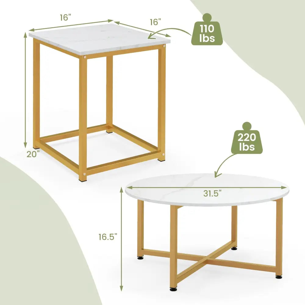 3-Piece Coffee Table Set Round Coffee Table and 2PCS Square End Tables-White and Gold - White - Coffee Tables
