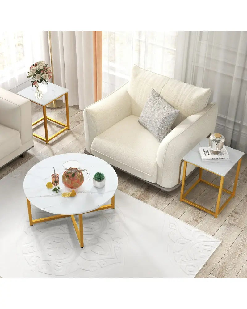 3-Piece Coffee Table Set Round Coffee Table and 2PCS Square End Tables-White and Gold - White - Coffee Tables