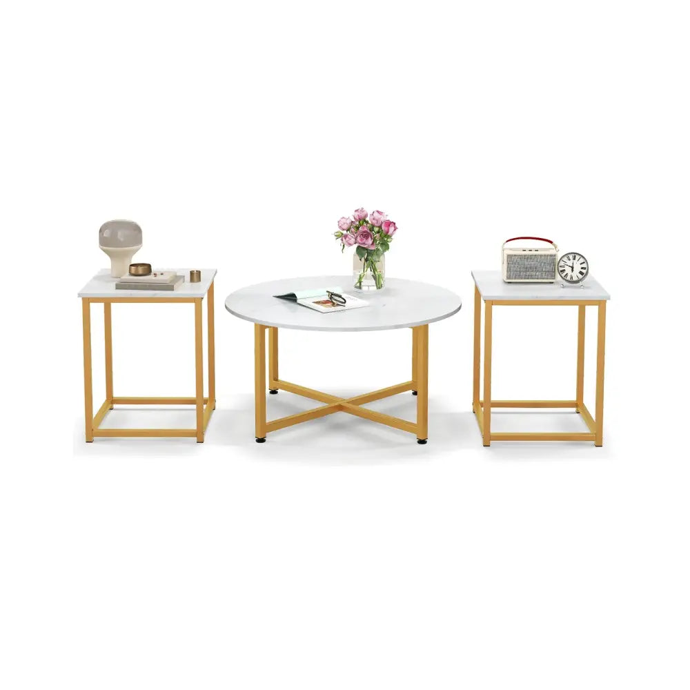 3-Piece Coffee Table Set Round Coffee Table and 2PCS Square End Tables-White and Gold - White - Coffee Tables
